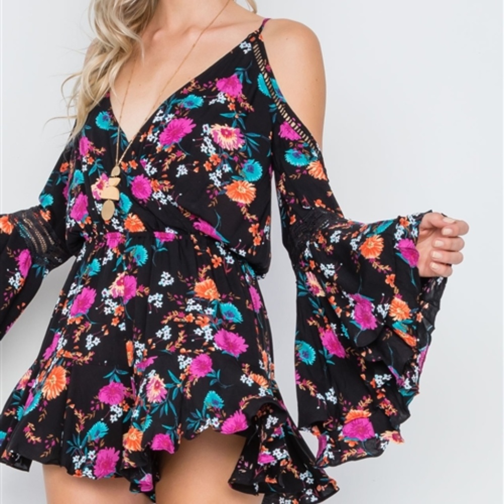 GIRLY & FLIRTY BLACK & FLORAL PRINT ROMPER - Picture 3 of 6